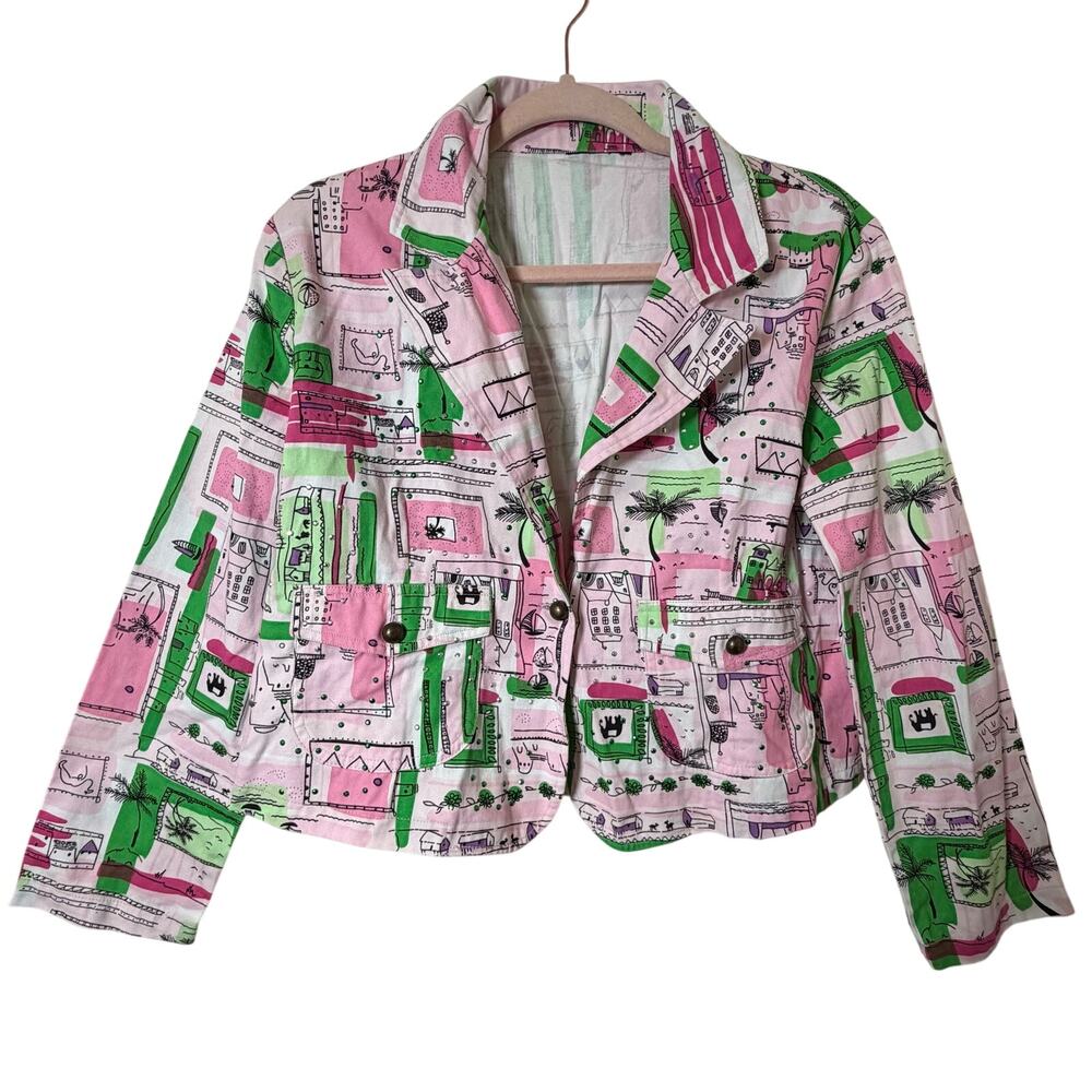 Md Vtg Soho Clothing Co Tropical Rhinestone Blazer Jacket Pink Green USA Maximal
